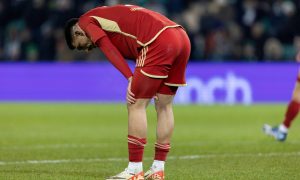 Aberdeen's Bojan Miovski looks dejected after missing a penalty during the 2-0 Premiership loss to Hibs