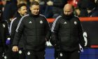 Aberdeen manager Barry Robson (left) and assistant manager Steve Agnew following the loss to Kilmarnock. Image: SNS