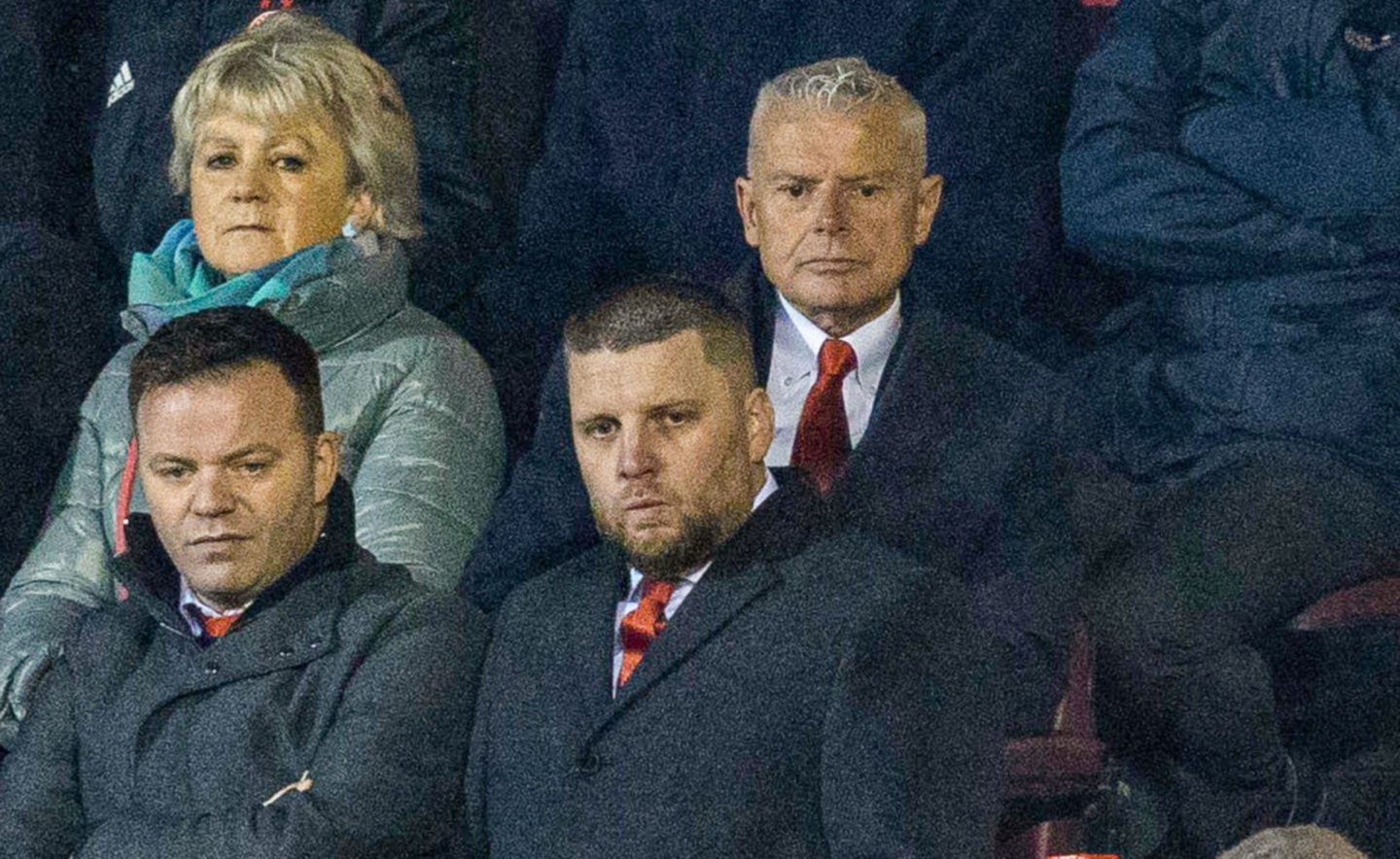 Aberdeen chairman Dave Cormack, chief executive Alan Burrows and director of football Steven Gunn watching match v Hearts from the stands in December 2023.