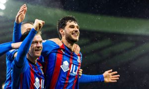 Nikola Ujdur, right, celebrates after scoring for ICT with Billy Mckay. Image: Mark Scates / SNS Group)