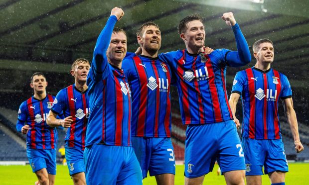 Inverness' David Wotherspoon celebrates with Billy McKay and Morgan Boyes after scoring against Queen's Park. Image: SNS