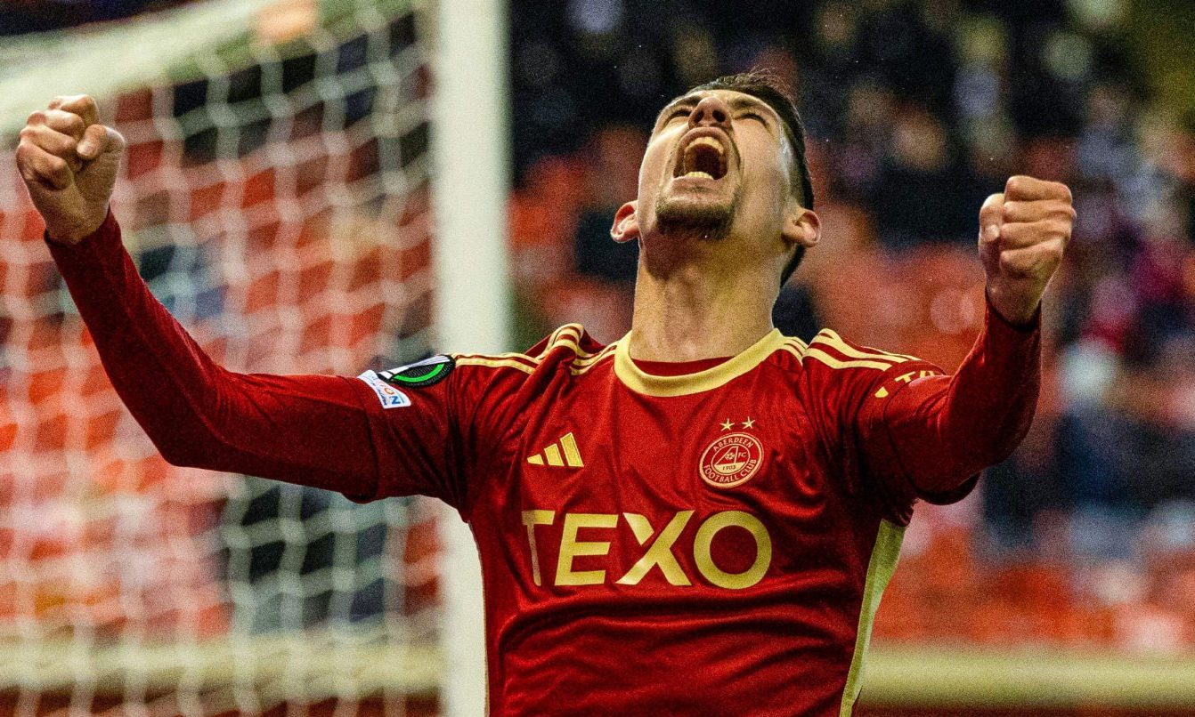 Aberdeen's Ester Sokler celebrates after scoring to make it 2-0 during the Uefa Europa Conference League win over Eintracht Frankfurt at Pittodrie. Image: SNS.