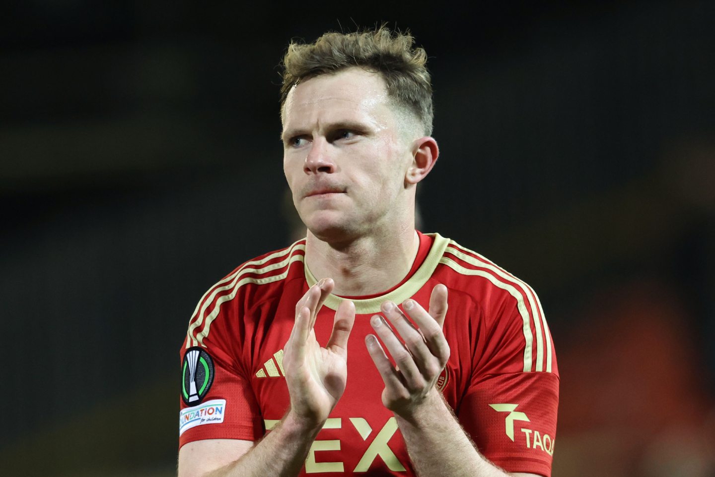 Aberdeen's Nicky Devlin at full time after the 2-0 defeat of Eintracht Frankfurt in the Europa Conference League at Pittodrie. Image: SNS 