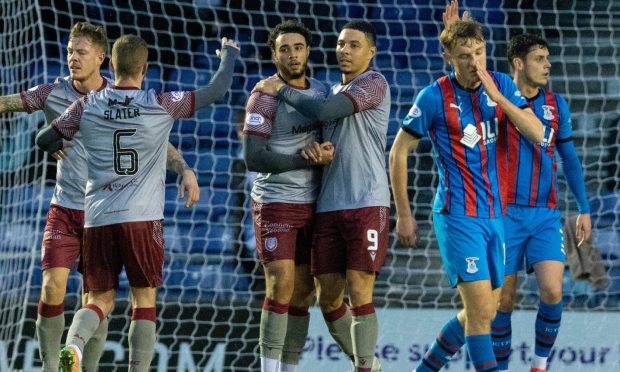 Arbroath's Jay Bird celebrates after scoring to make it 1-0 with team-mate Leighton McIntosh. Image: Craig Brown/SNS Group