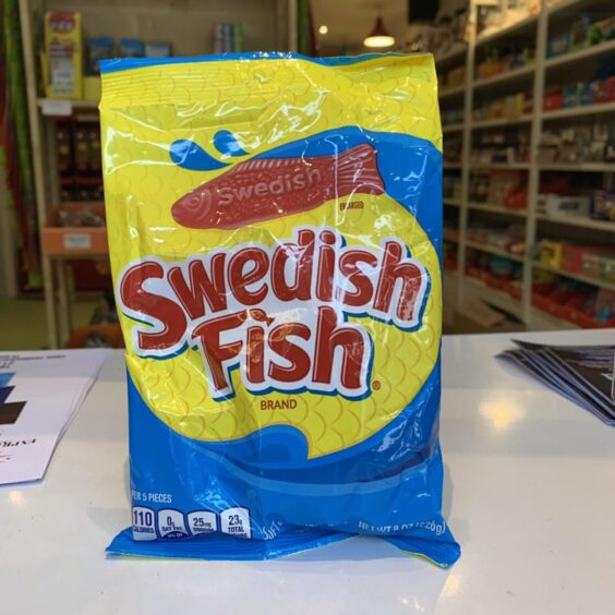 Packet of Sweden Fish at counter. 