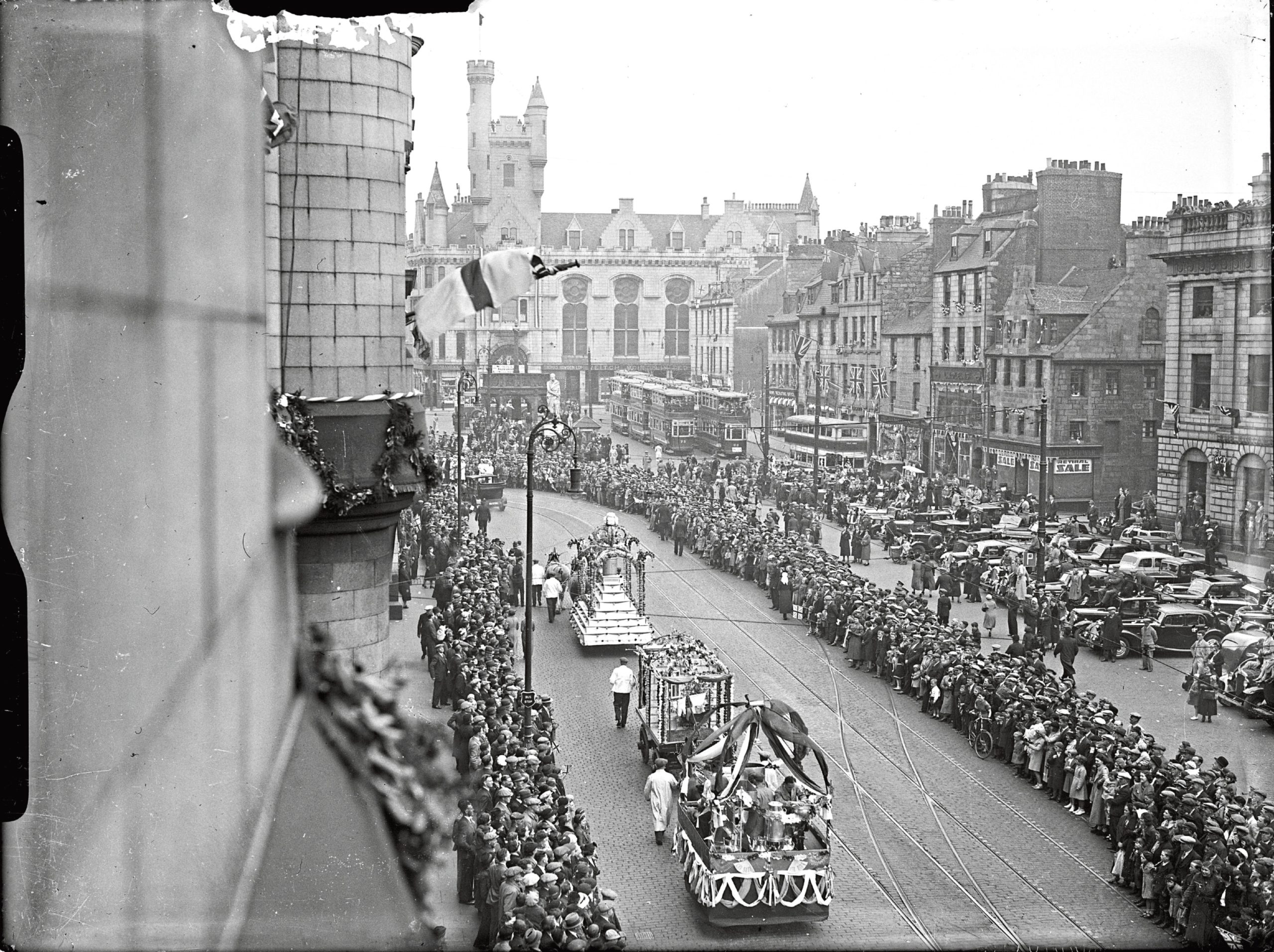 Aberdeen's lamented trams are all lined up at the Castlegate terminus during the King George VI Coronation celebrations in 1937.
