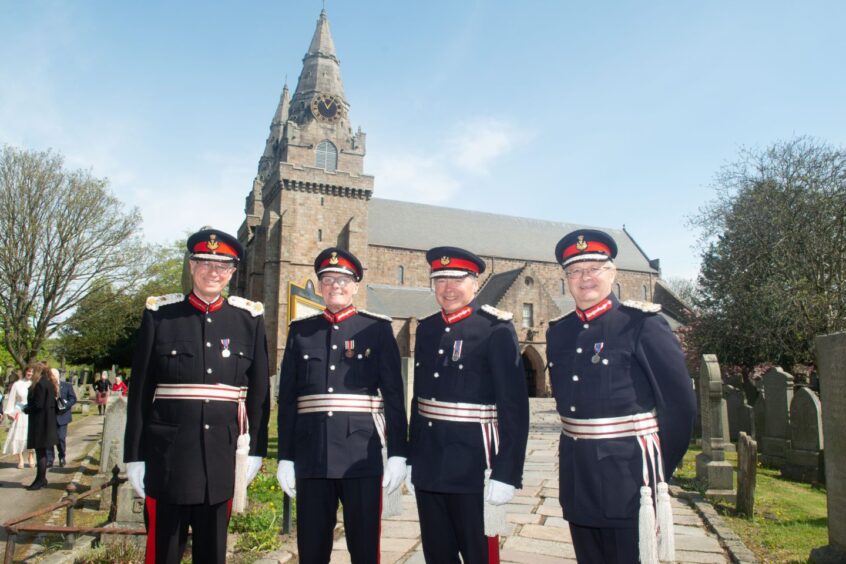 £11,760 worth of tailoring: Kincardineshire Lord-lieutenant Alastair McPhee, Aberdeen Lord-lieutenant David Cameron, Aberdeenshire Lord-lieutenant Sandy Manson and Banffshire Lord-lieutenant Andrew Simpson at St Machar Cathedral. Image: Aberdeen City Council