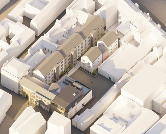 A digital rendering of an aerial view of the South Street development plans 