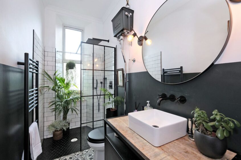 The bathroom with a victorian style toiler, modern walk-in shower with houseplants in it, and a modern sink