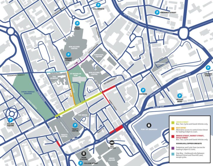 A map showing the bus priority route changes in Aberdeen city centre - including bus gates and the right-turn ban on Union Terrace into Rosemount Viaduct. Image: North East Bus Alliance/Big Partnership