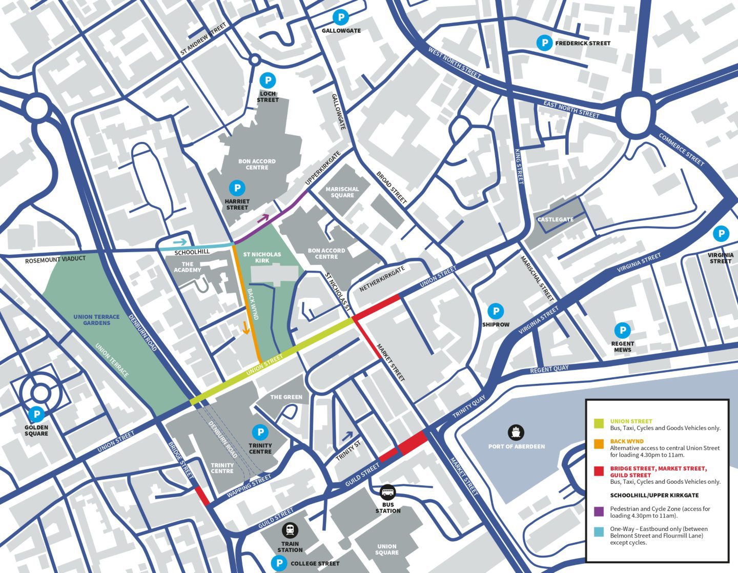 A map showing the bus priority route changes in Aberdeen city centre with colour-coding on the roads that have been changed
