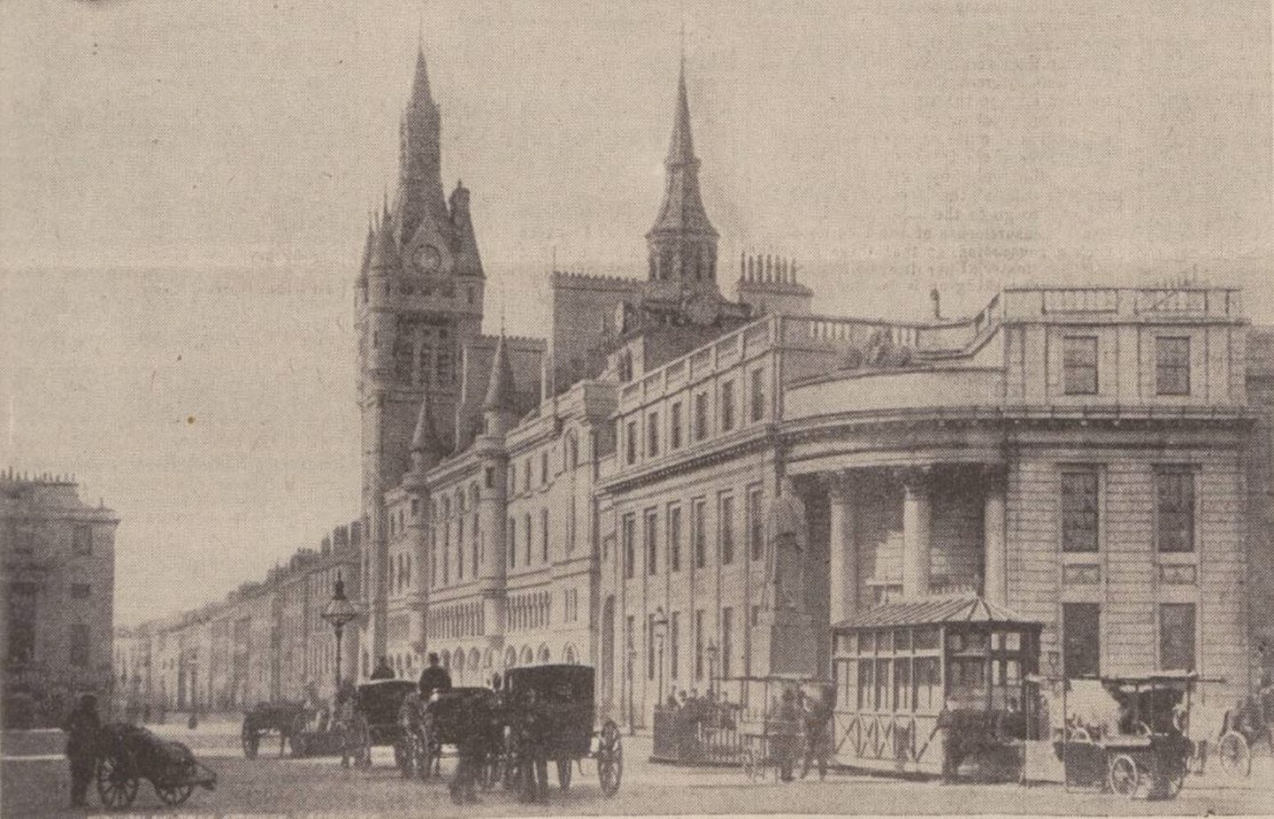 Aberdeen's Castlegate in 1884 with the cabmen's shelter standing in front of the bank on the corner of King Street and Castle Street. 