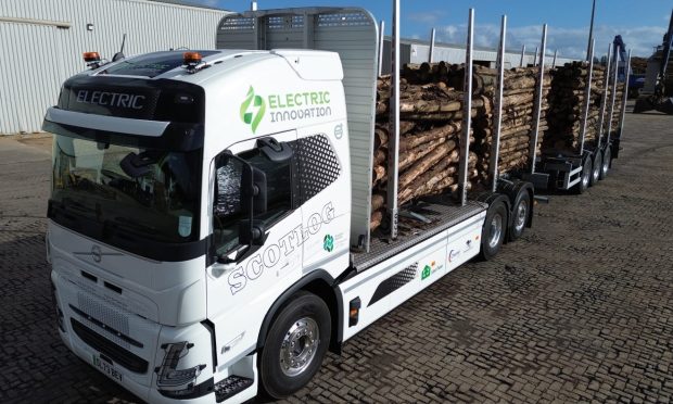 The new 44-tonne electric Volvo timber carrying vehicles. Image: Scottish Forestry