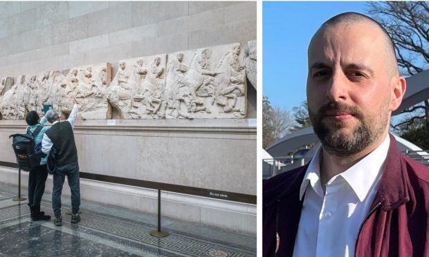 Collage of Elgin Marbles at British Museum on left and Elgin councillor Jeremie Fernandes on right.