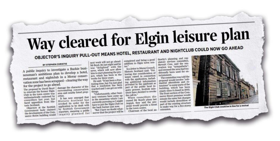 A headline reading 'Way cleared for Elgin leisure plan'