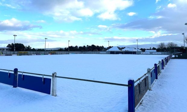 A snow-covered Seafield Park. Image: Strathspey Thistle FC
