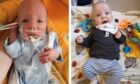 Two photos side-by-side of Sebastian Davidson who is spending his first Christmas at home in Inverurie, one in the Neonatal Unit at ARI and at home