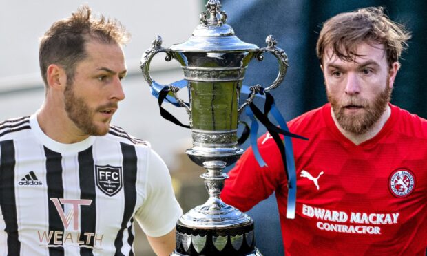 Graphic ahead of the 2023-24 GPH Builders Merchants Highland League Cup final between Brora Rangers and Fraserburgh on Sunday December 3 2023 at Harlaw Park, Inverurie.
Pictured left is Fraserburgh's Bryan Hay, with Brora's Dale Gillespie, right, and the Highland League Cup trophy in the middle.
Image created on Friday December 1 2023