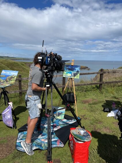Filming of the Sky Arts show Landscape Artist of the Year at Dunnottar, Stonehaven.