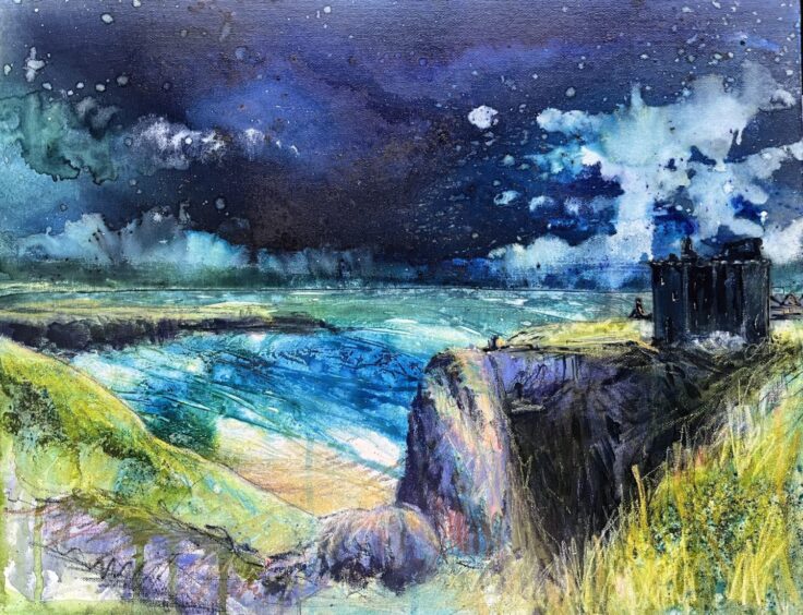 Close up of Rebecca Patterson's painting of Dunnottar