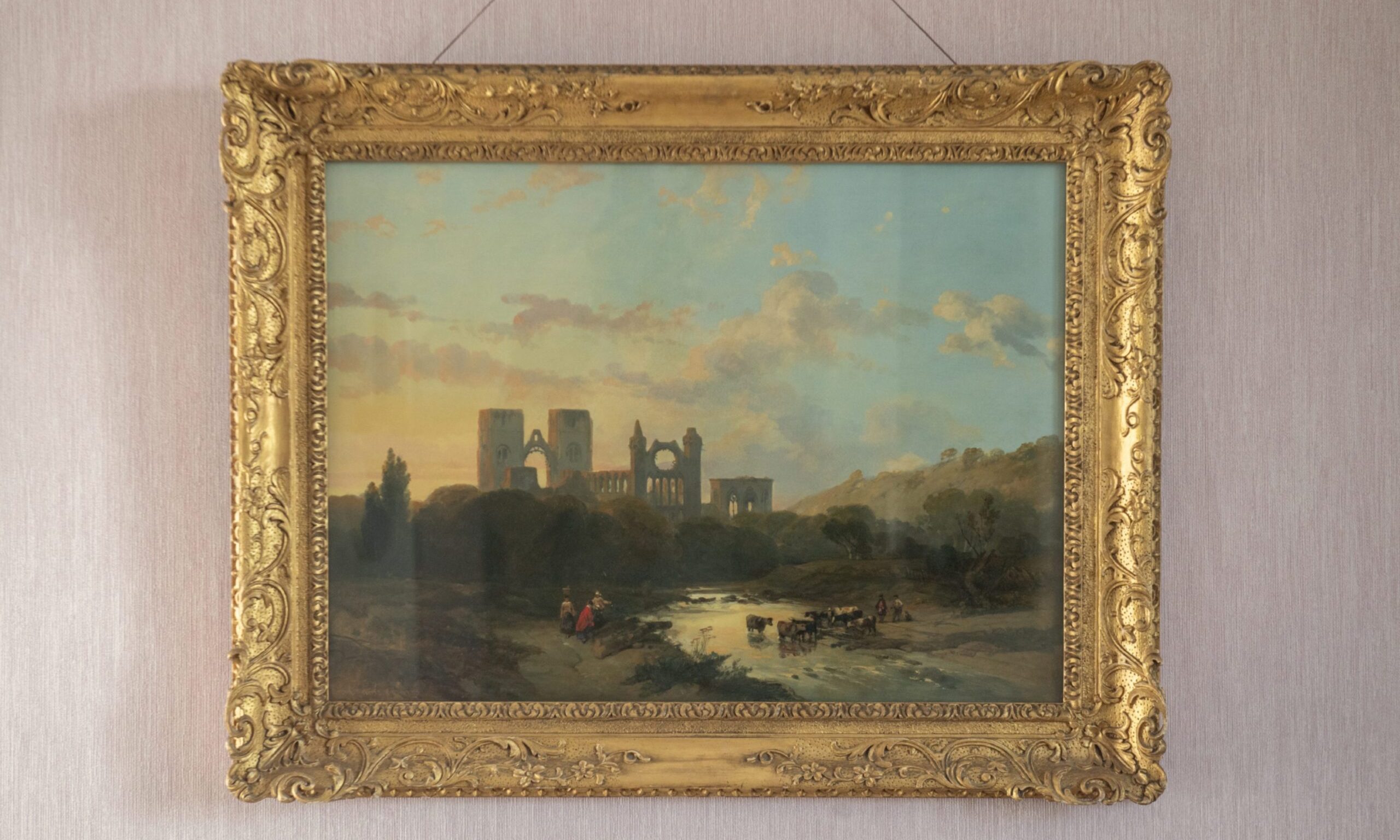 Landscape painting of Elgin Cathedral. 