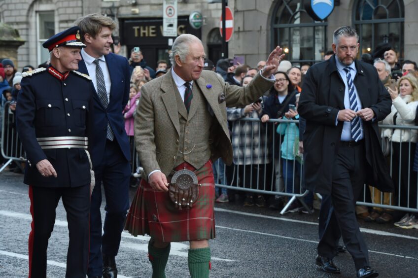 Lord Lieutenant David Cameron in his new uniform alongside King Charles in Union Street in October 2022. Image: Kenny Elrick/DC Thomson
