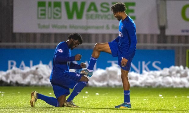 Cove Rangers' Mouhamed Niang and Rumarn Burrell celebrate Burrell's second goal against Edinburgh City. Image: Kath Flannery/DC Thomson.
