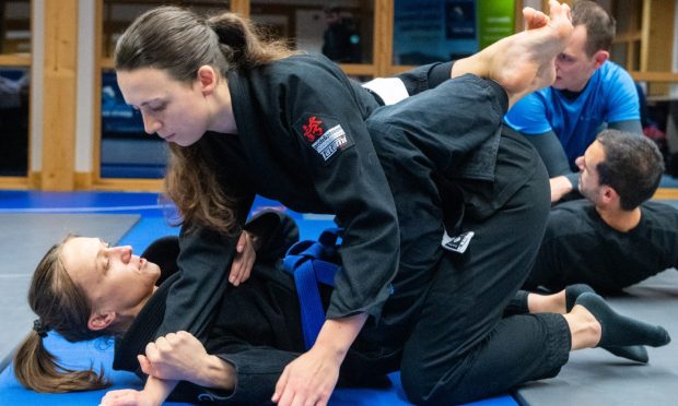 Lottie and Beata carrying out a demonstration at Knockburn Sports Loch in Banchory for Brazilian Jiu Jitsu.