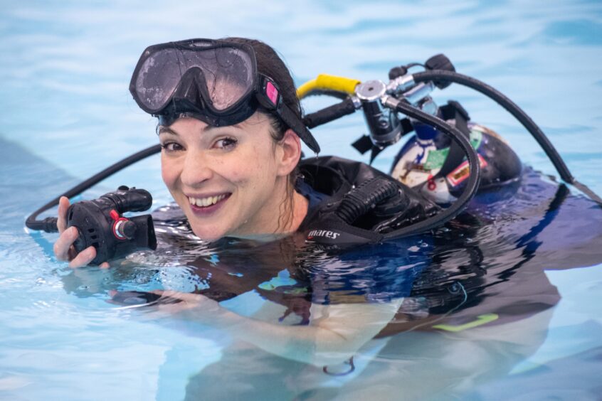 P&J reporter Rosemary Lowne in a swimming pool trying out scuba diving