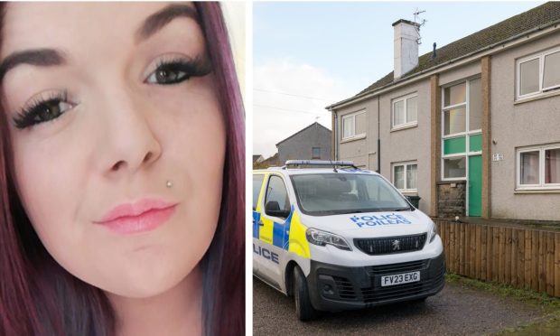 Collage of Kiesha Donaghy and police outside Anderson Drive flats in Elgin.