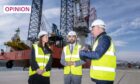 First Minister Humza Yousaf (centre) and Cabinet Secretary for Net Zero and Just Transition, Mairi McAllan, during an April visit to see the progress at the Port of Aberdeen South Harbour expansion project. Image: Michal Wachucik/PA