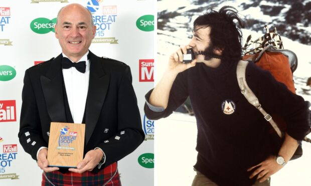 Mario Di Maio is stepping away from his operations role with Aberdeen Mountain Rescue Team after 53 years. Pictured (left) is Mr Di Maio at the Great Scot awards in 2015, and on the right, Mr Di Maio on a call in 1974. Images: Aberdeen MRT. Visualization: Michael McCosh.