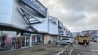 A sign has been dislodged abover Carpetright at Springfield Retail Park in Elgin.