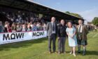 Derek Keir (Camanachd Association CEO); Ian Roberts (Mowi Director of Communications); Maree Todd (Minister for Social Care, Mental Wellbeing and Sport) and Steven MacKenzie (Camanachd Association President) at the 2023 cottages.com MacTavish Cup Final. Image: Neil Paterson