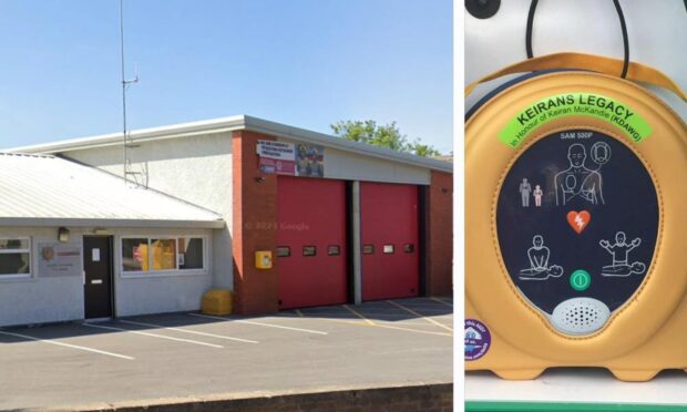Maps screenshot of Forres Community Fire Station and a defibrillator