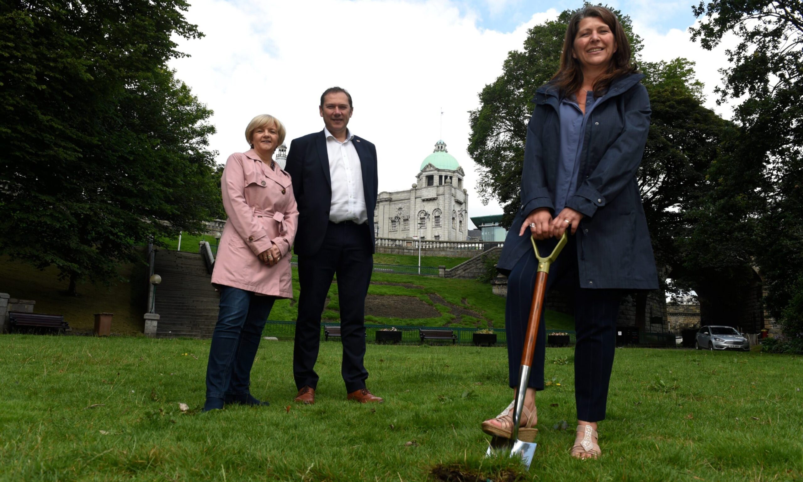 The council administration leaders - Jenny Laing, Douglas Lumsden and Marie Boulton - cut the turf in August 2019 as work on the Union Terrace Gardens revamp begins.