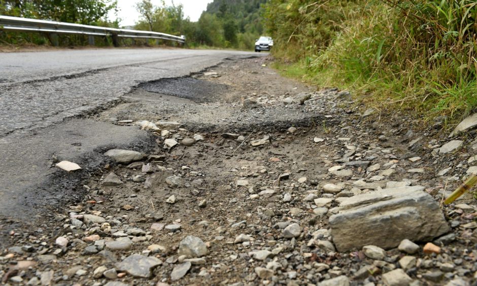 Pothole on the A890 between Loch Carron and Kyle of Lochalsh.