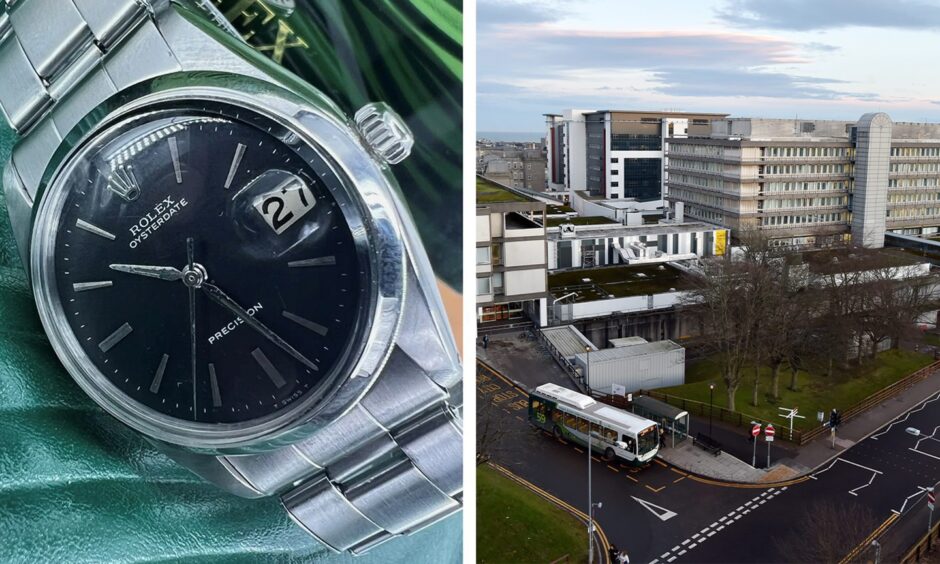 Image of Douglas Fowler's Rolex Precision OysterDate alongside image of Aberdeen Royal Infirmary.