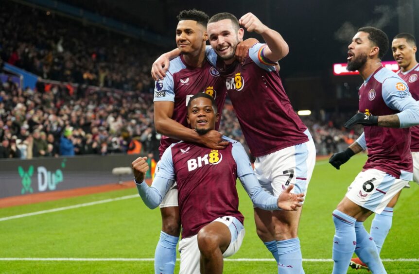 Aston Villa celebrate Leon Bailey's winner against Manchester City. 