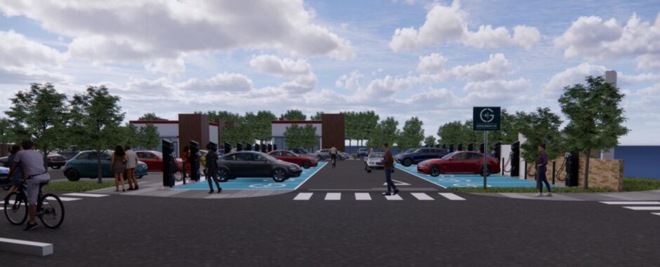 A fuller picture of what CoCity has planned for an EV charging station at the Stoneywood Gate site. Image: CoCity/Tinto Architecture