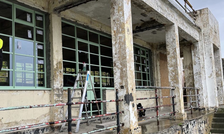 Image shows the new window panels, which have been installed at both sides of the former Tarlair tearoom.