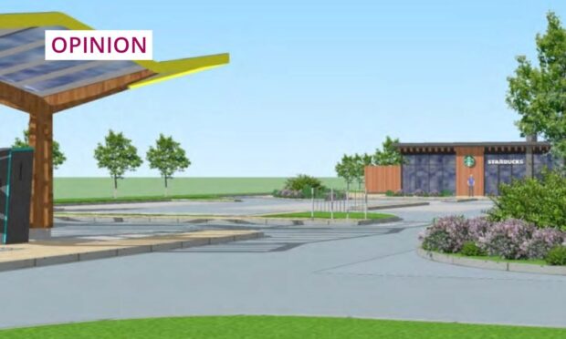 A visualisation of the proposed Starbucks drive-thru alongside the EV charging points. Image: Liberty One.