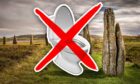 A photograph of the standing stones with a toilet with a red cross on it superimposed
