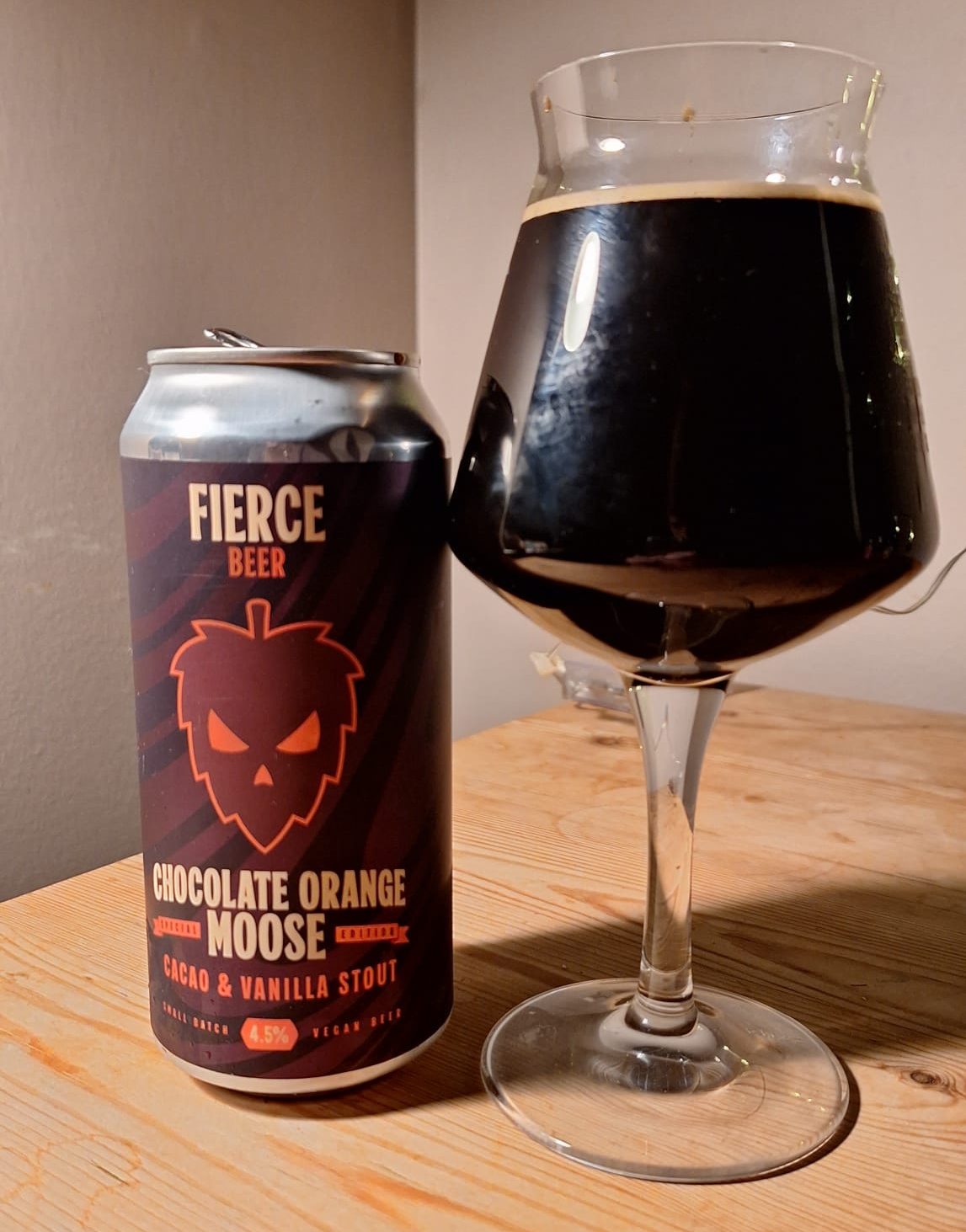 The Fierce Beer chocolate orange stout poured out into a glass.
