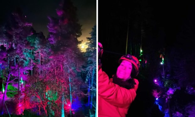 Gayle Ritchie has a whale of a time on the night zip adventure at Alvie Estate.