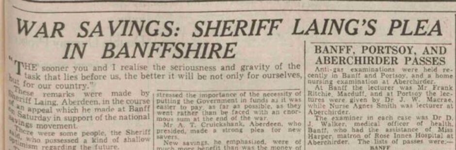 1939 P&J clipping covering news of a war savings plea by Sheriff Laing in Banffshire.