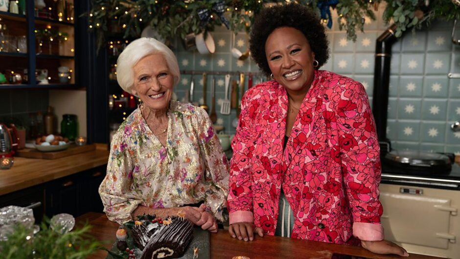 Mary Berry and Emeli Sande with a Buche de Noel in the kitchen