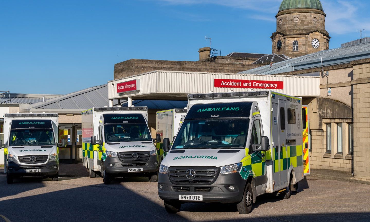 Ambulances outside A&E department at Dr Gray's. 