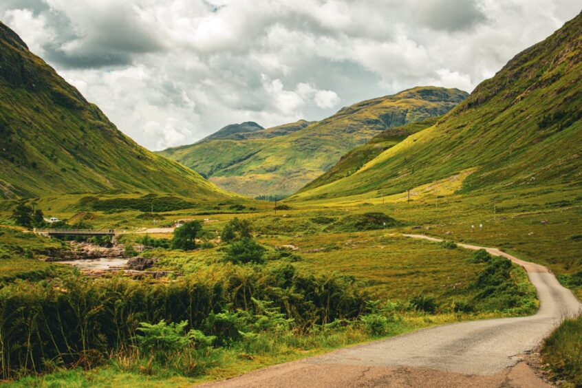 The Glen Etive road at Glencoe in the Highlands.