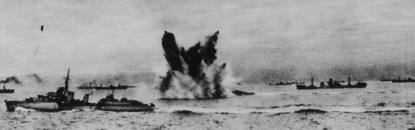 Black and white photograph of a Luftwaffe bomb attack on a ship on the North Atlantic at around the same time as the one by FliegerKorps X on Fraserburgh trawler Craigielea.